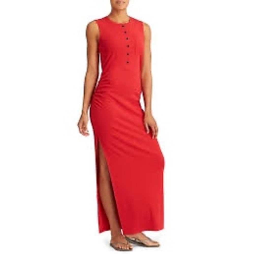 Athleta Maxi Dress Womens Small Red Excellent Ribbed Henley Sleeveless Slit
